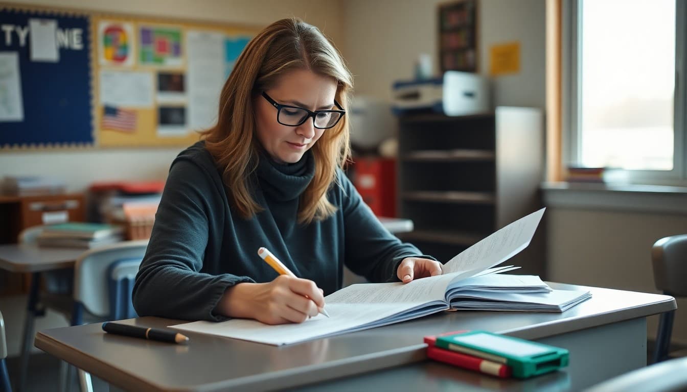 Special education teacher in North Dakota writing a family newsletter at her classroom desk