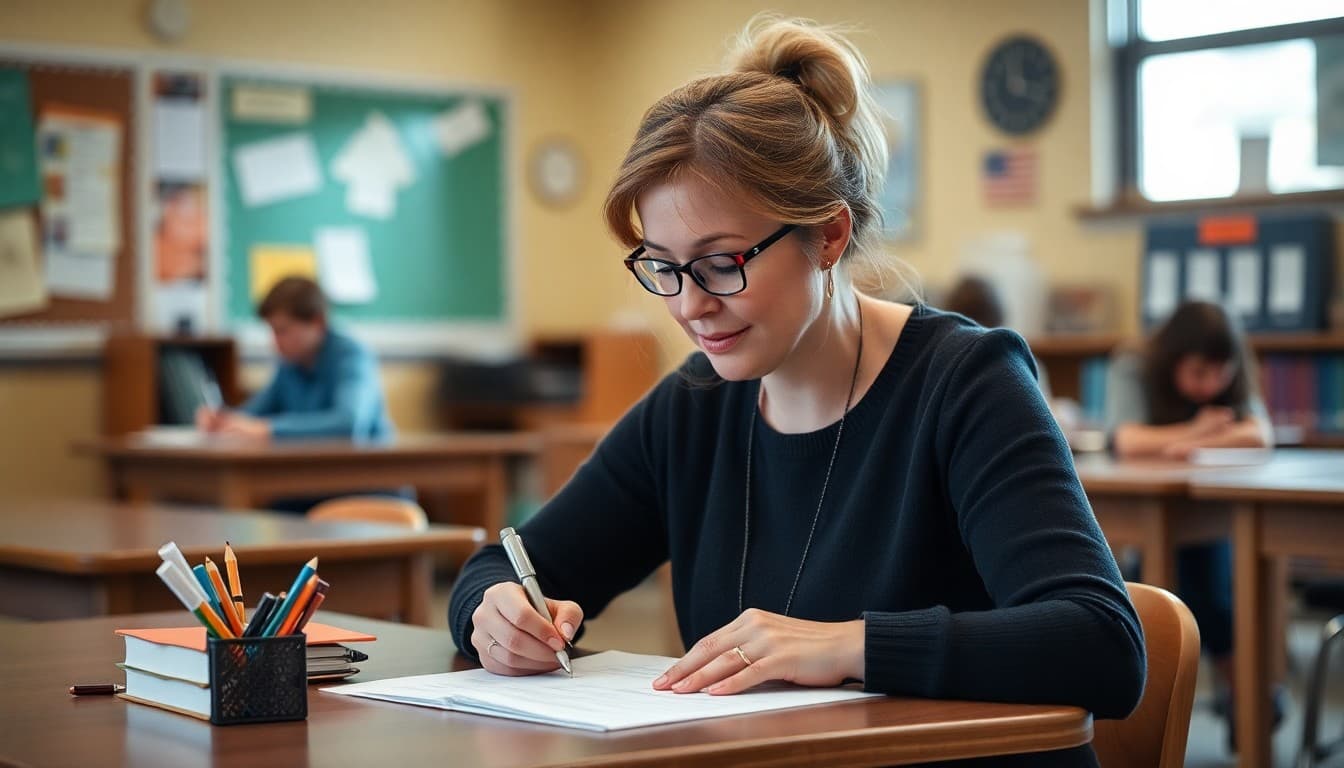 Special education teacher in Nebraska writing IEP family newsletter at classroom desk