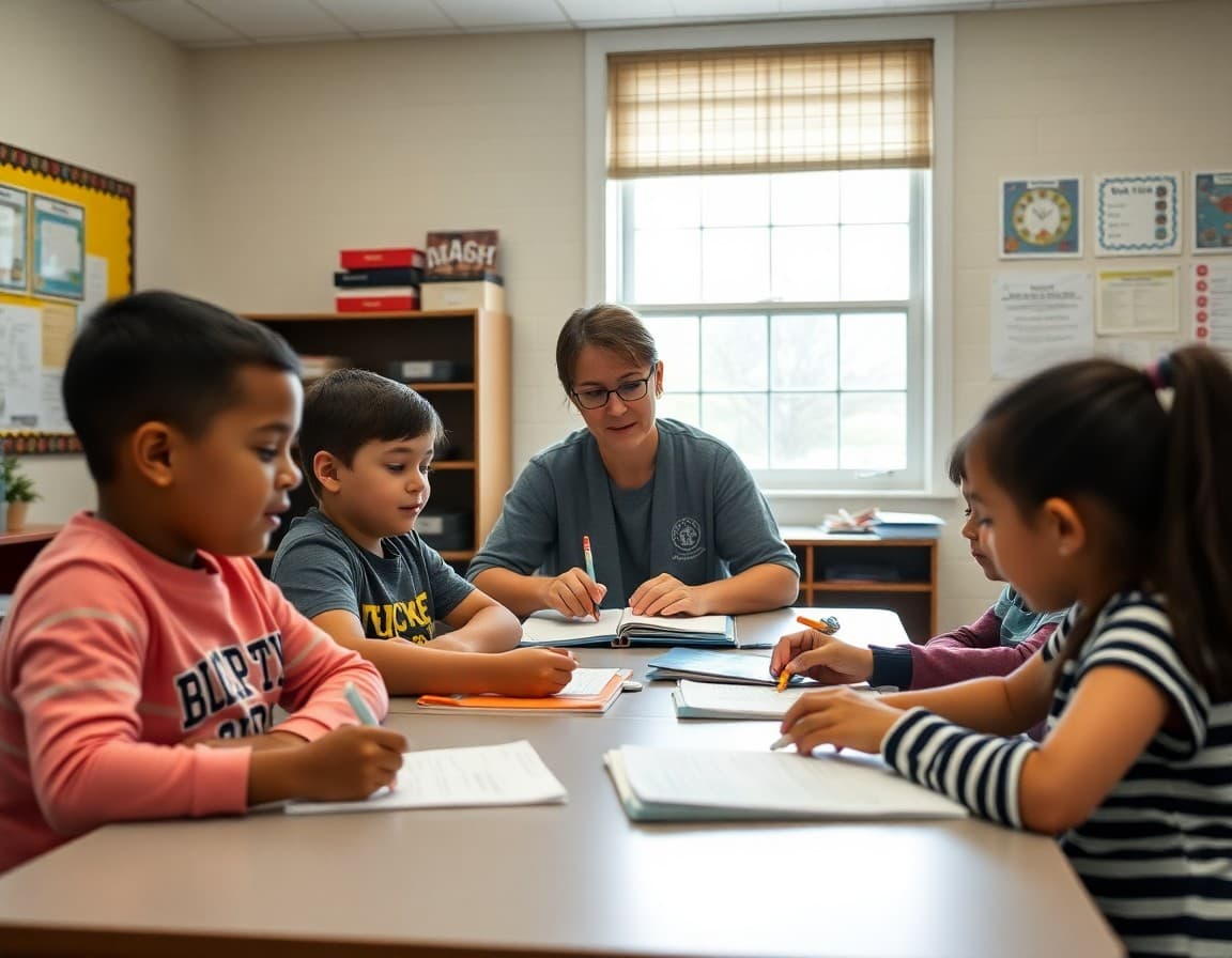 Special education classroom in New Hampshire with teacher and students working together