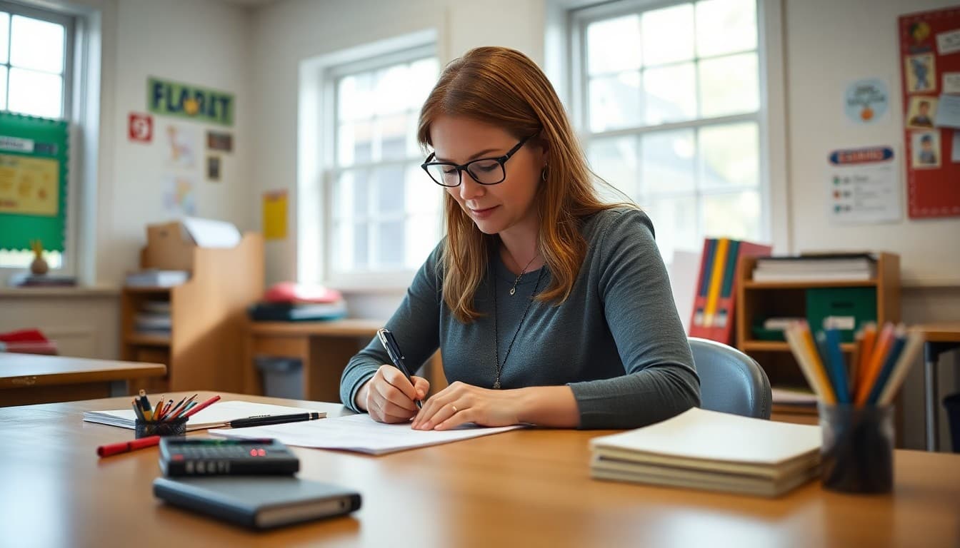 Special education teacher in New Hampshire writing an IEP family newsletter at a desk