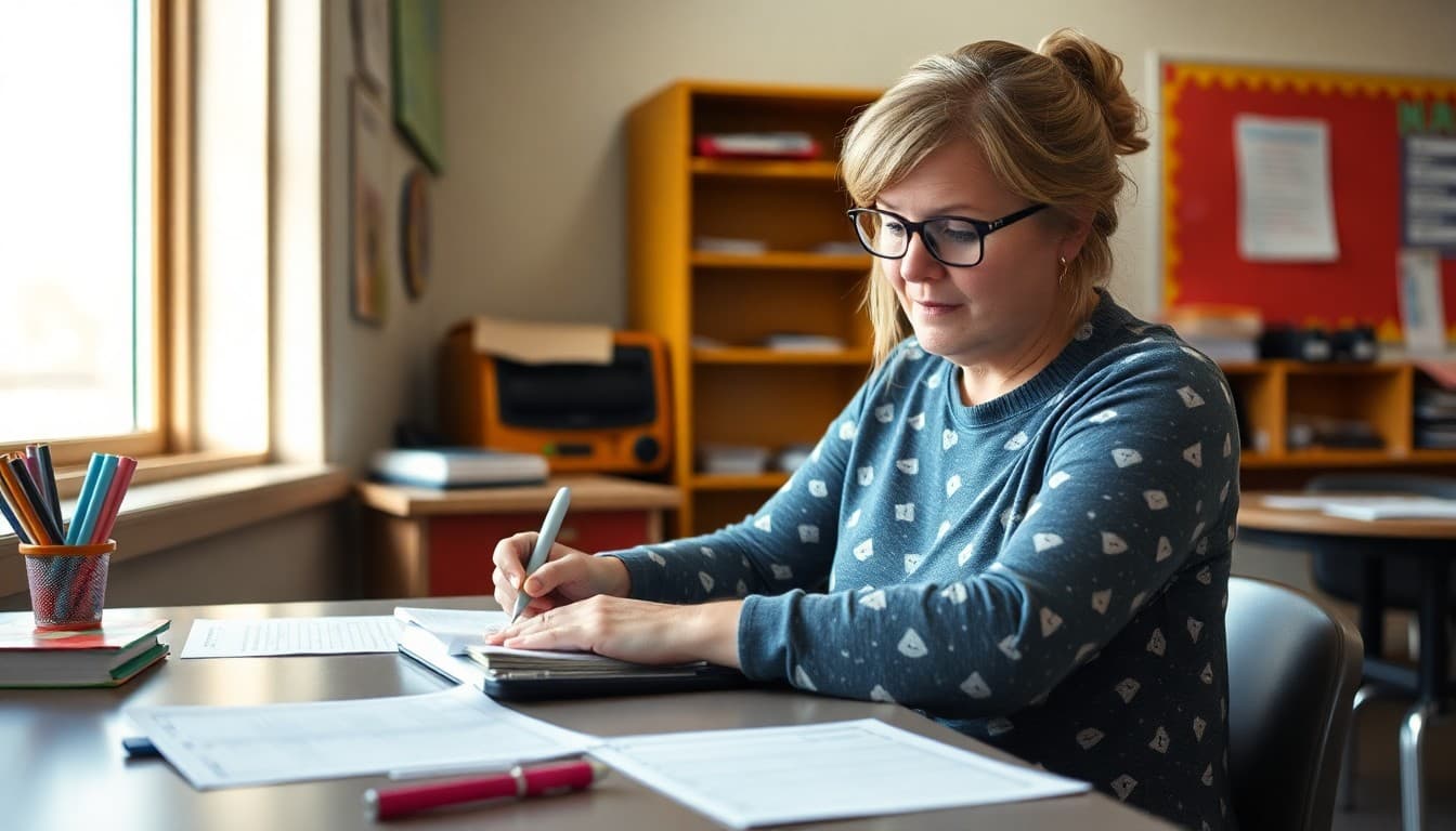 Special education teacher in New Mexico writing a family newsletter at her desk with student work nearby