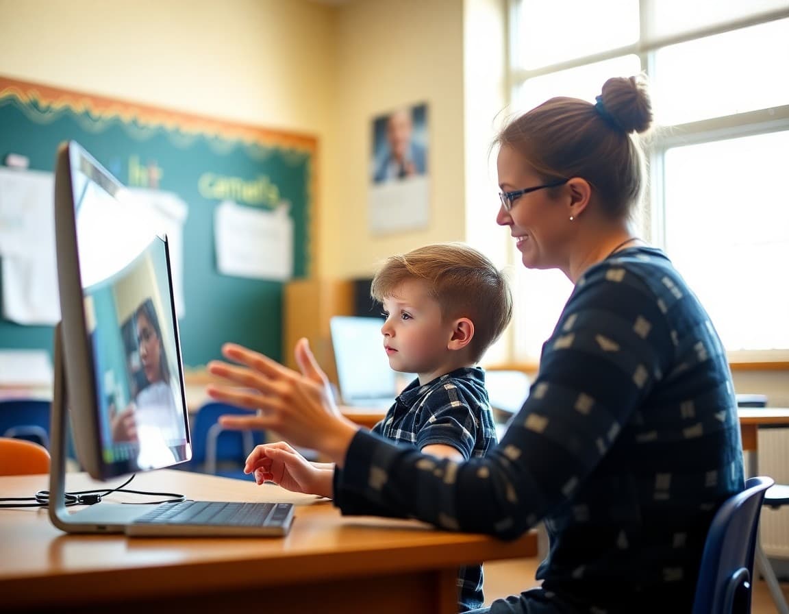 Nevada special education student using adaptive technology with teacher support