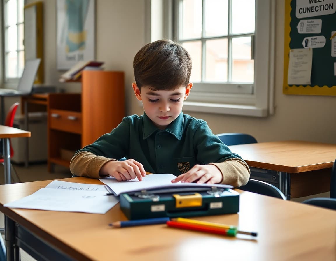 Student with learning support materials working independently at a desk near a classroom window