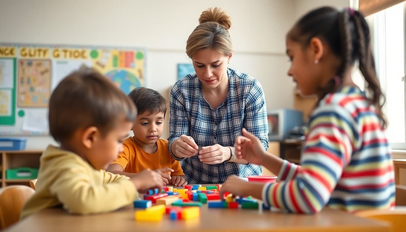 Special education teacher working with a small group of students using manipulatives at a table