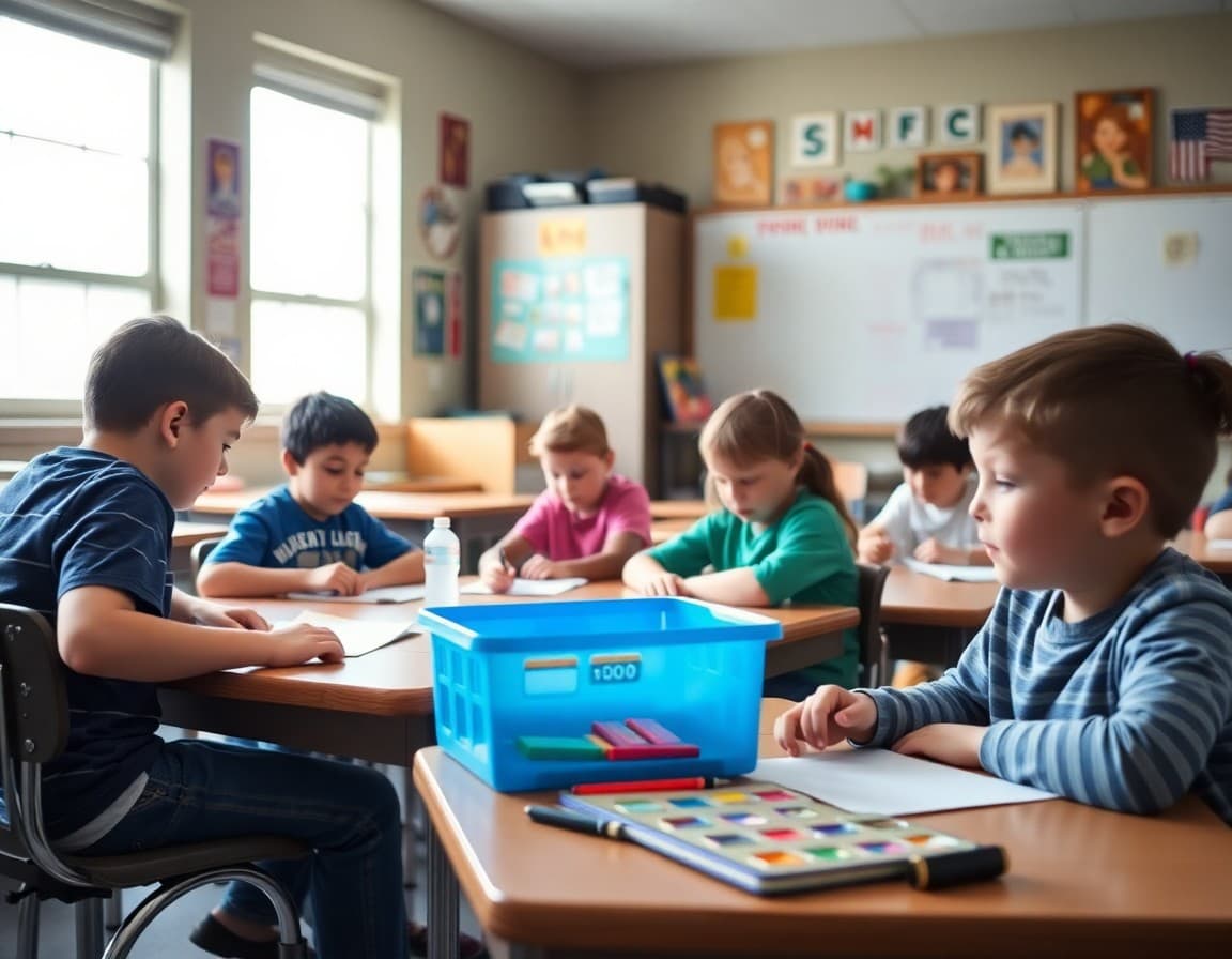 Oklahoma special education classroom with adaptive learning materials and diverse students working