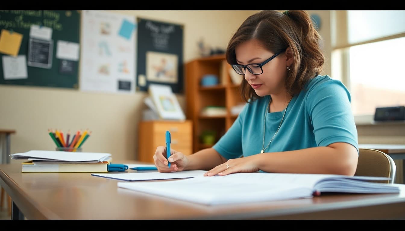 Special education teacher in Oklahoma writing a family newsletter at her classroom desk