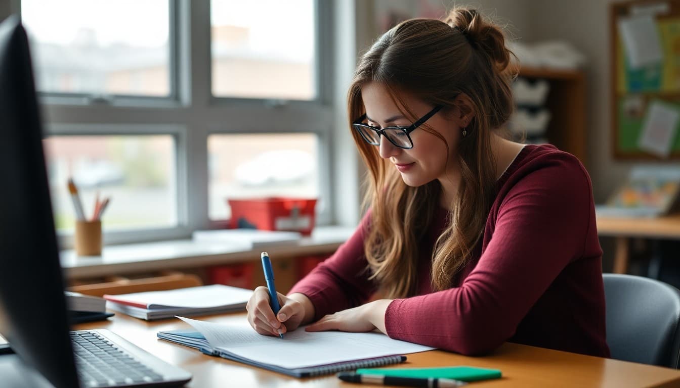 Special education teacher in Oregon writing a family newsletter at her classroom desk
