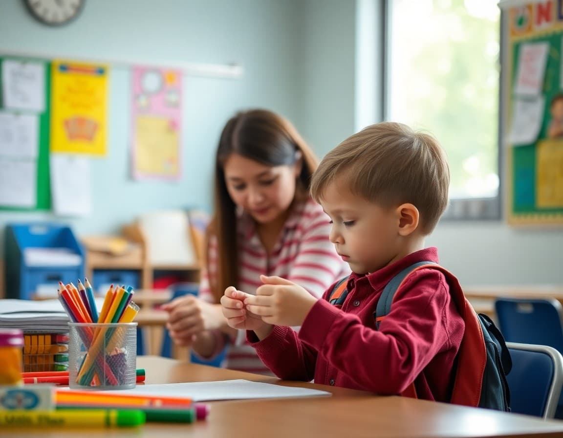 Child preparing school supplies using fine motor skills under parent supervision