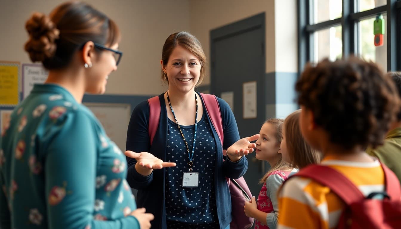 School occupational therapist greeting students and families at a back-to-school orientation