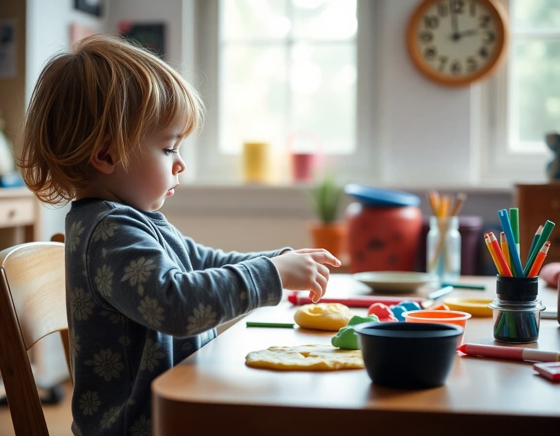 Child doing a fine motor activity at home over the summer using playdough and craft supplies