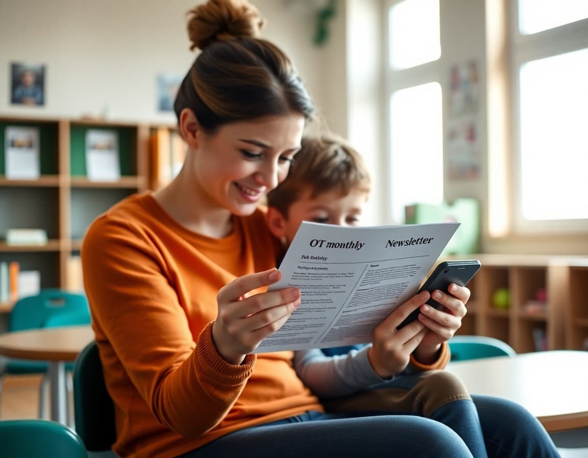 Parent reading an OT monthly newsletter on a phone while sitting with child