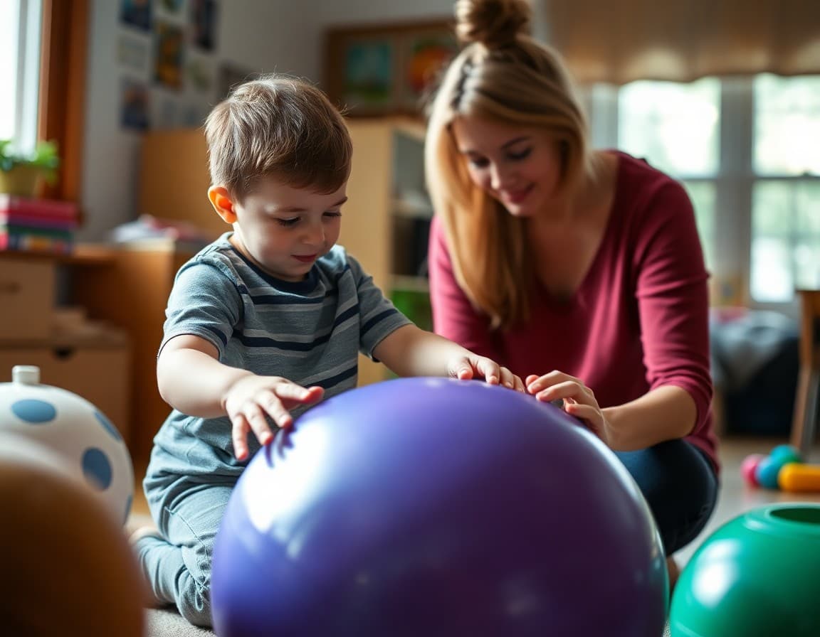 Child doing sensory integration activity at home with parent using a therapy ball