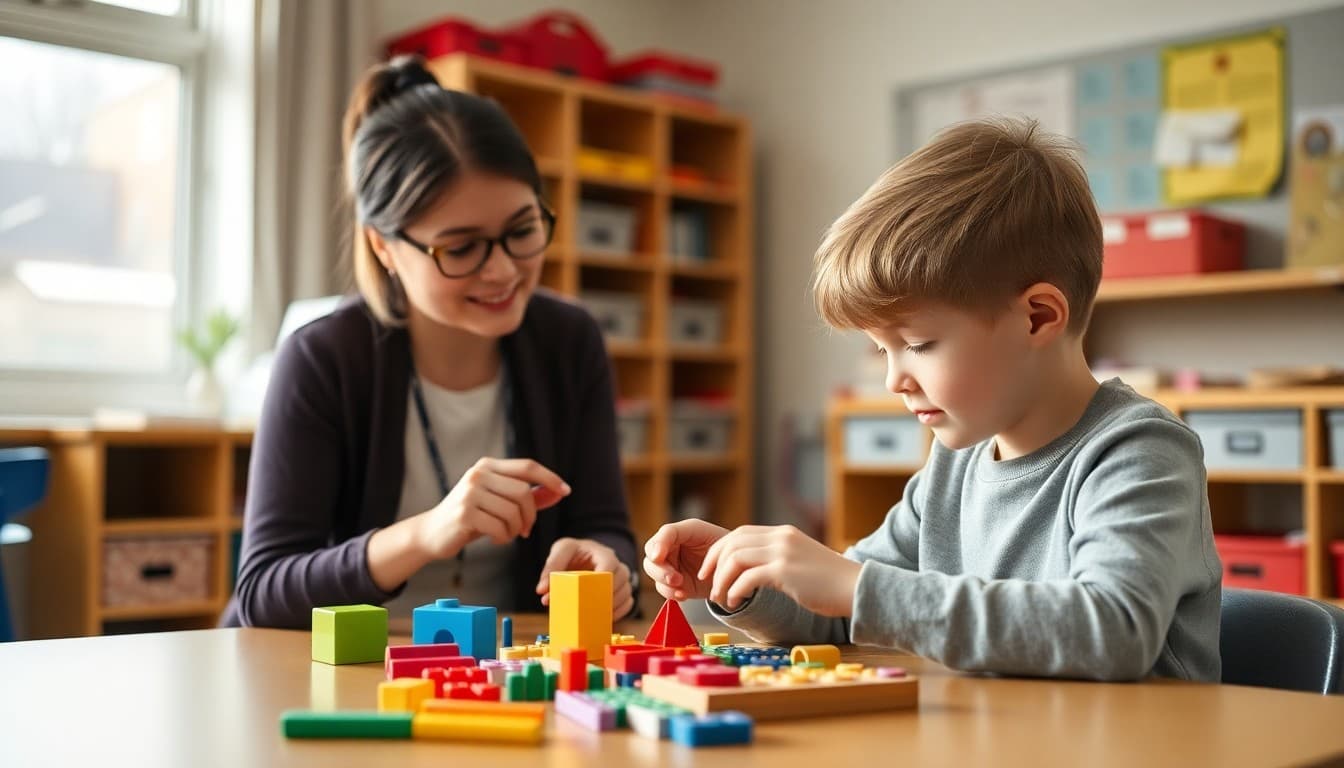 Occupational therapist working with a student on fine motor skills using manipulatives in a school OT room