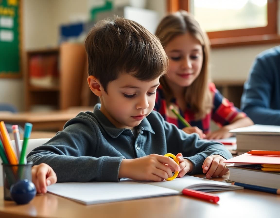 Child using a fidget tool at a desk while doing homework with parent nearby