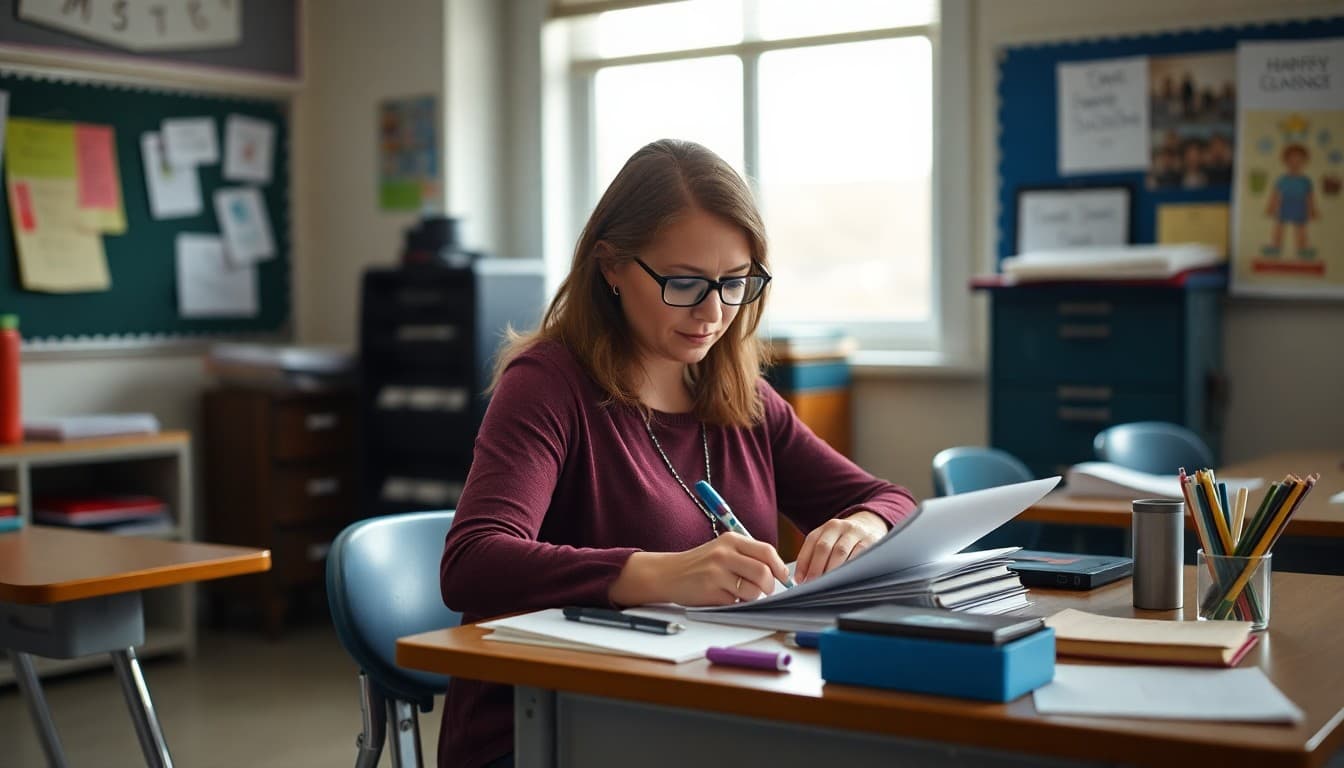 Special education teacher in Pennsylvania writing a family newsletter at her classroom desk