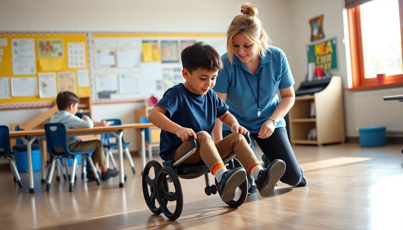 School physical therapist working with student on mobility and motor skills in accessible classroom