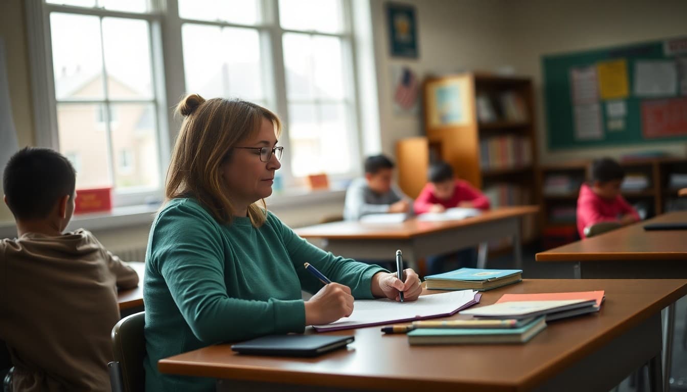 Special education teacher in Rhode Island writing an IEP family newsletter at a classroom desk