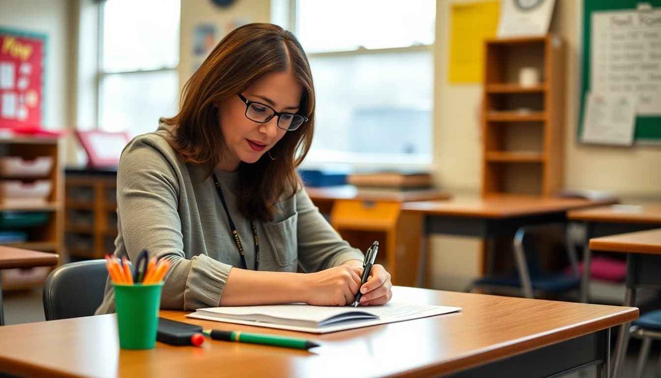 Special education teacher in South Carolina writing an IEP newsletter at a classroom desk