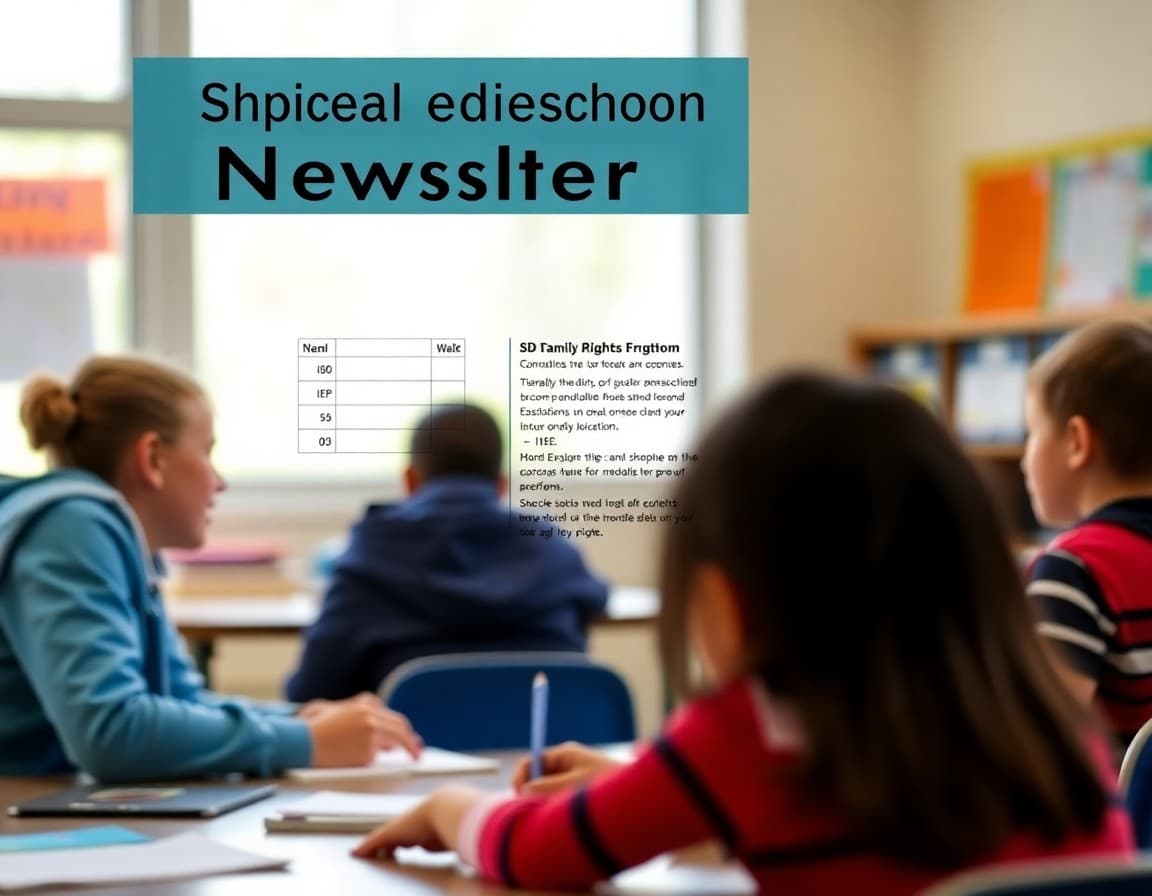 Special education newsletter template showing IEP goal progress and SD family rights sections