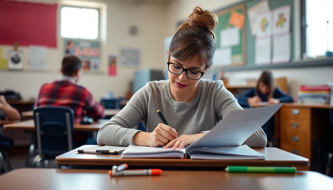 Special education teacher in South Dakota writing an IEP family newsletter at a classroom desk