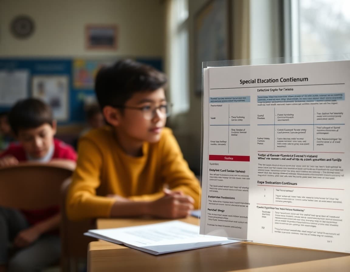 Special education placement continuum diagram next to newsletter explaining options for families