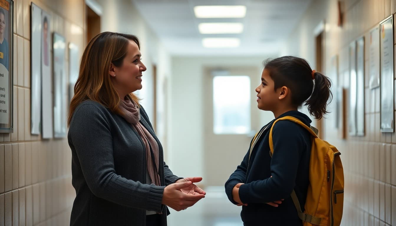 Speech-language pathologist introducing herself to a new student in a school hallway