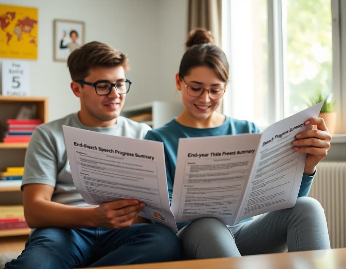Parent reading end-of-year speech therapy progress summary at home