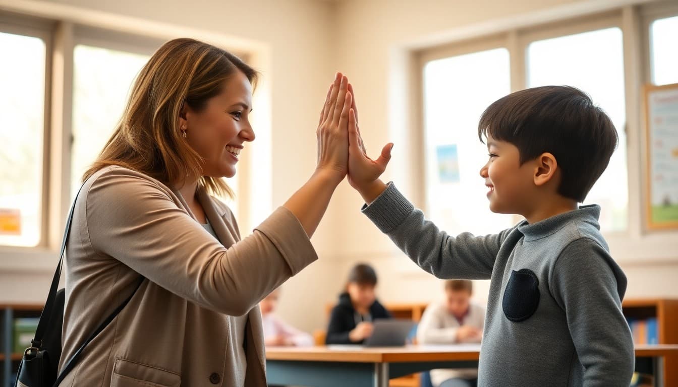 Speech therapist giving a student a high-five at the end of a school year therapy session