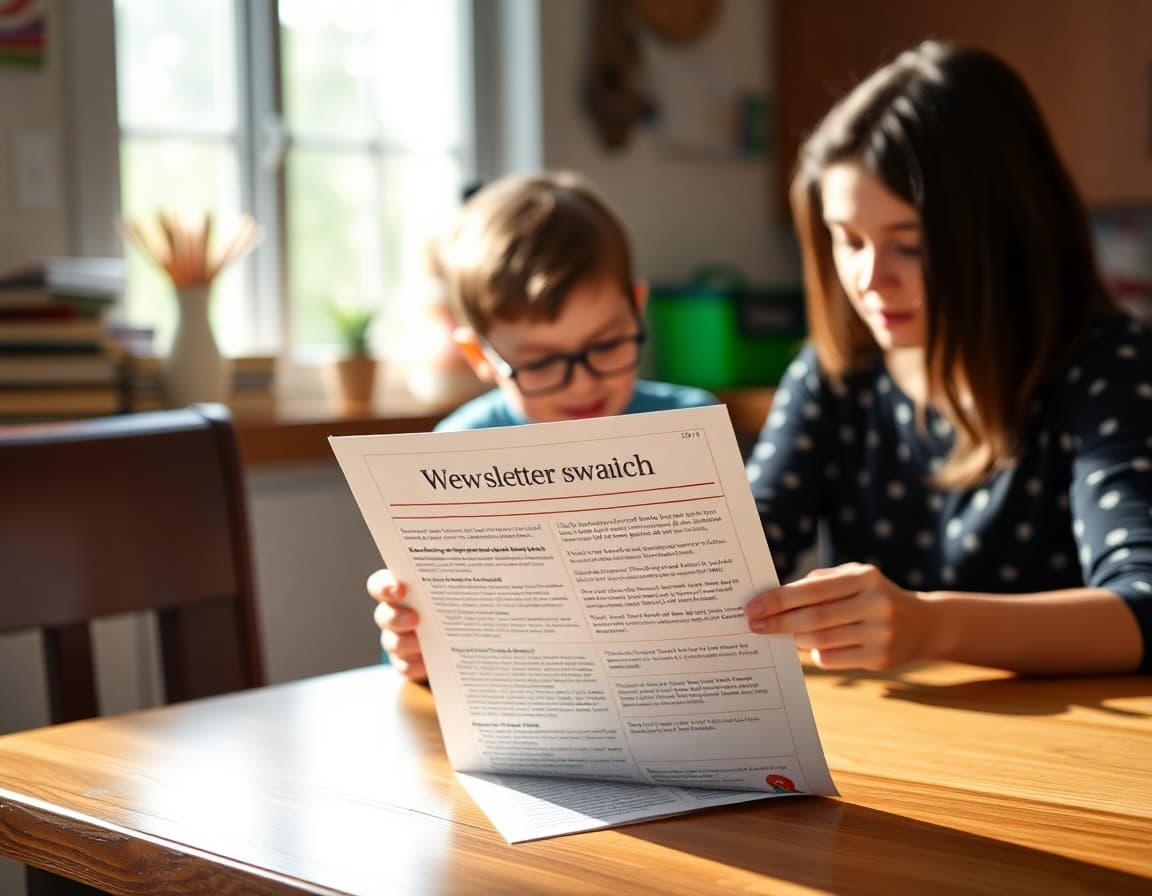 Printed speech therapy newsletter on a kitchen table with parent reading it
