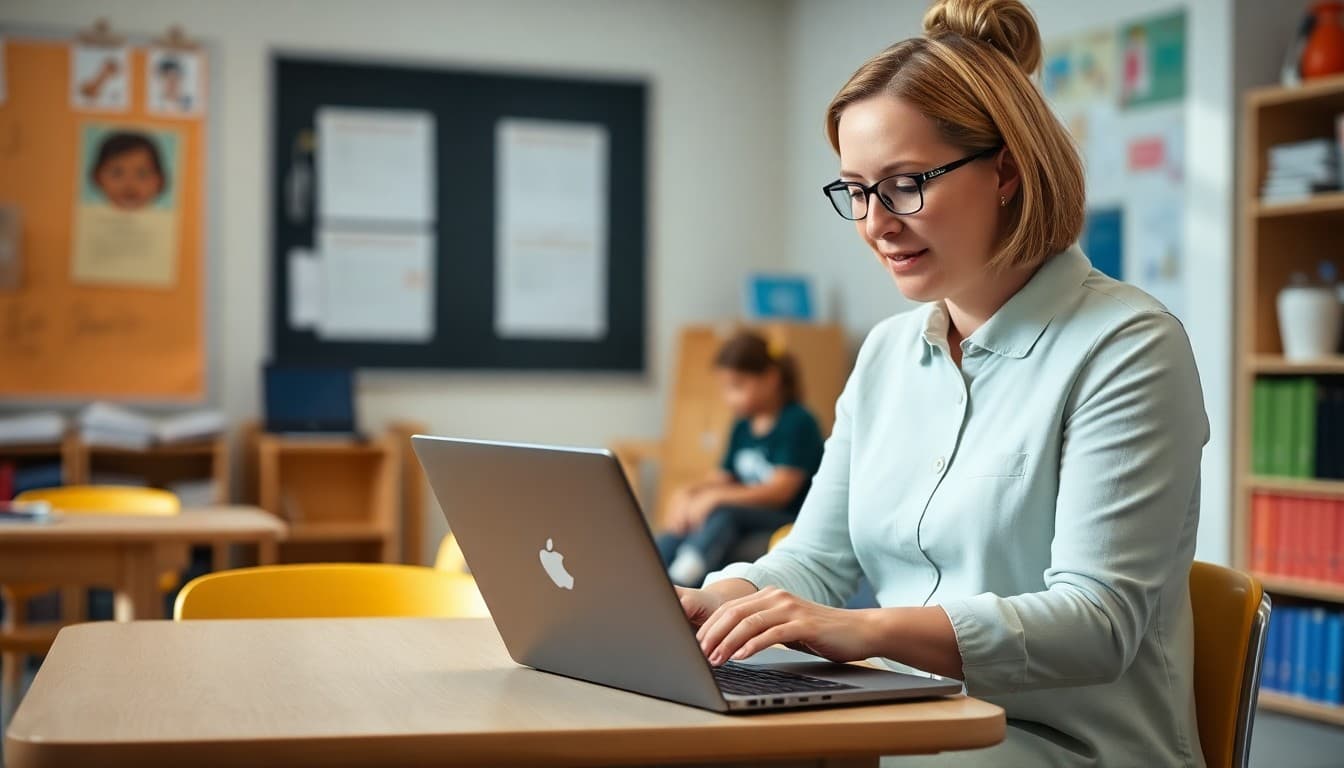 School SLP writing a monthly therapy update newsletter on a laptop in a therapy room