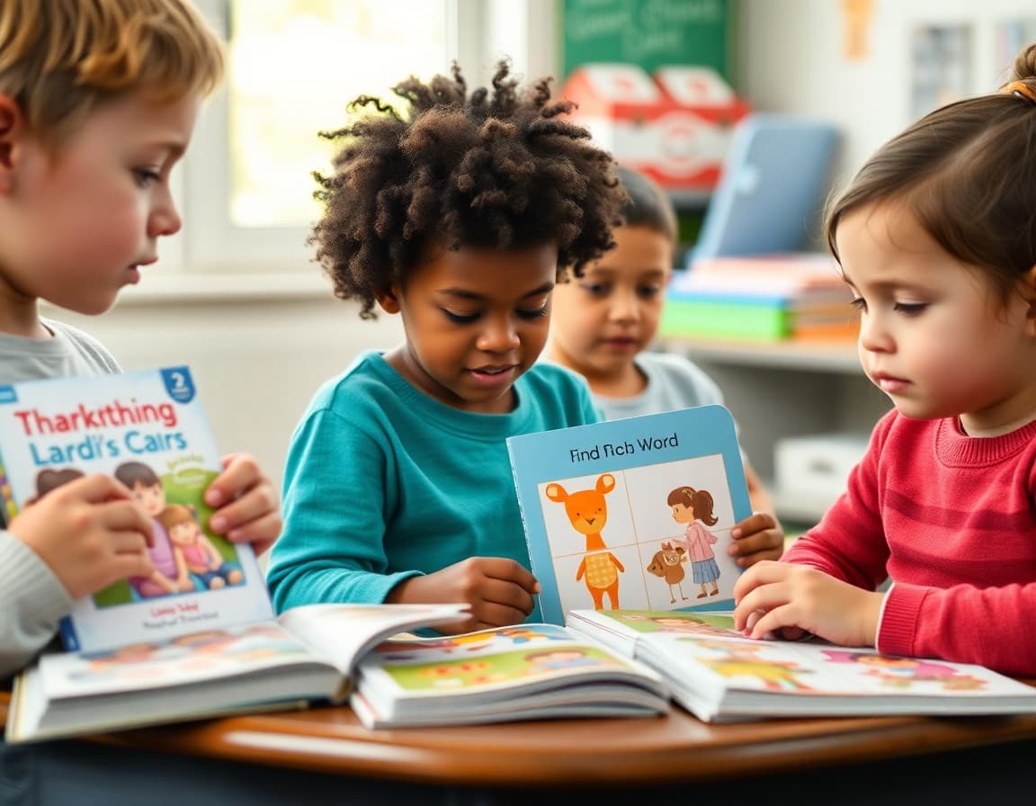 Collection of speech therapy books and picture cards used for at-home practice