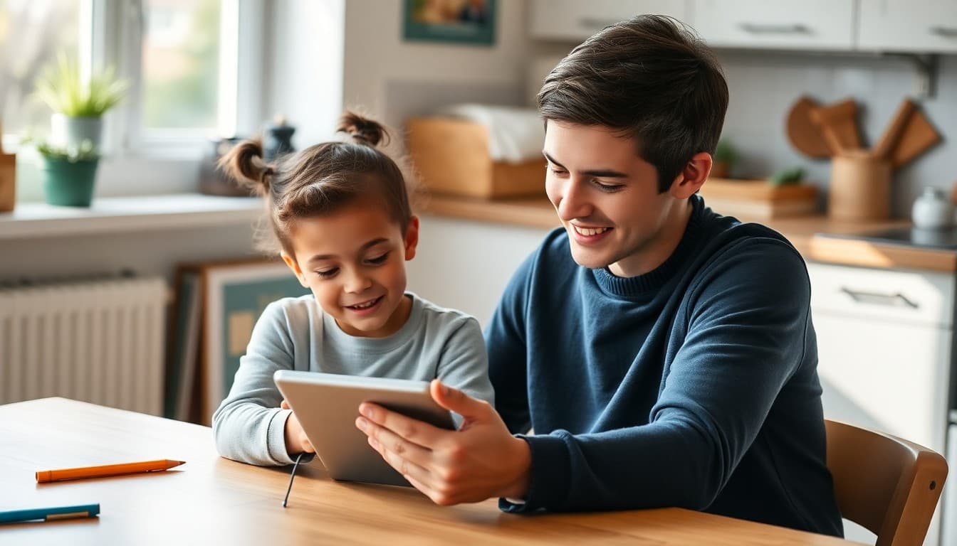 Parent and child using a speech therapy app on a tablet together at a kitchen table