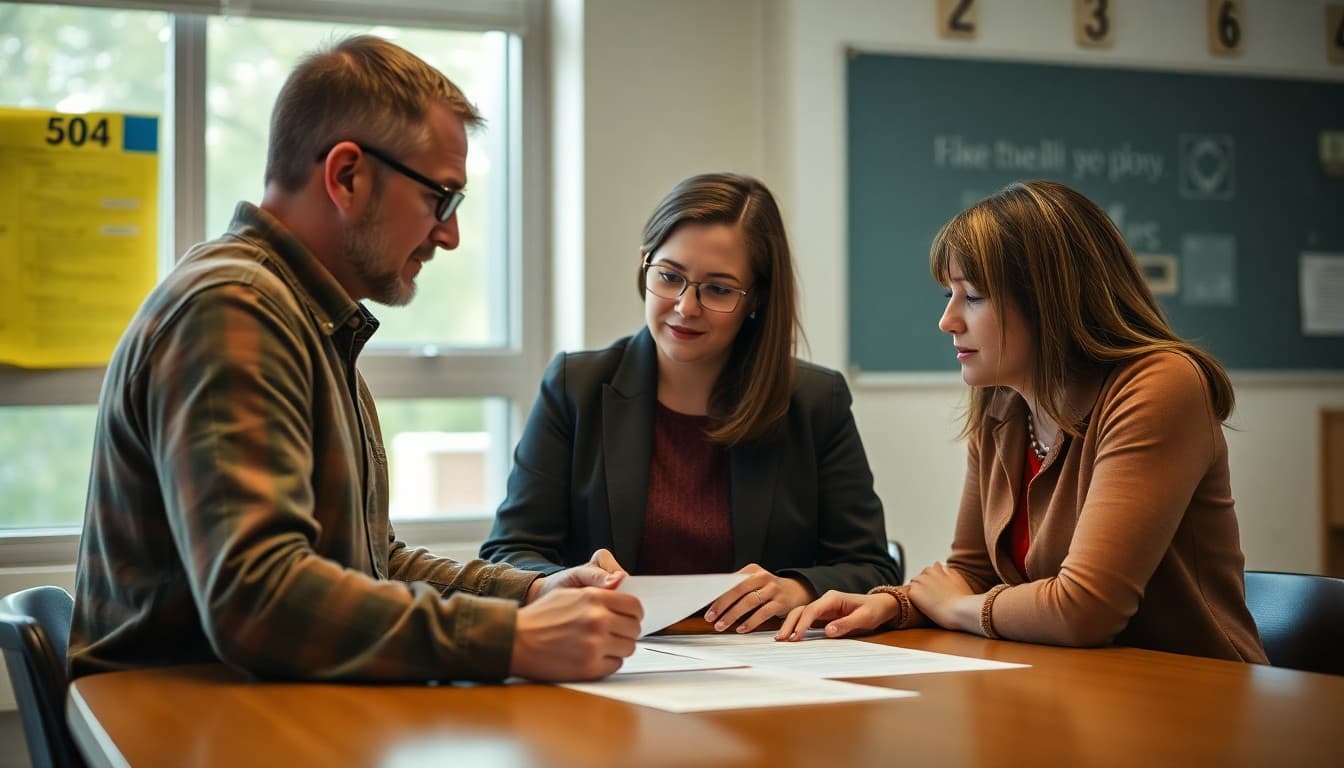 Parent and school counselor reviewing a 504 plan together at a school conference table with documents