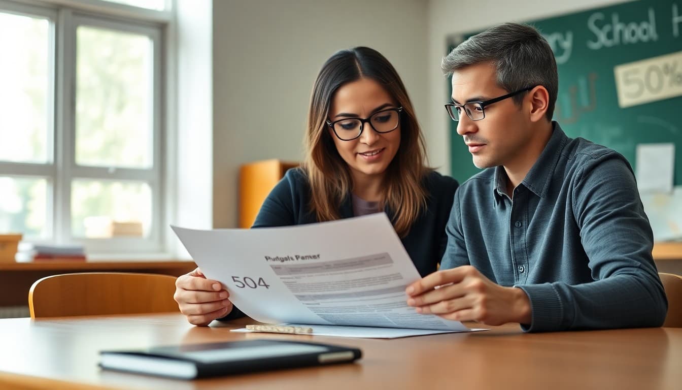 Teacher and parent reviewing a 504 plan document at a school conference table