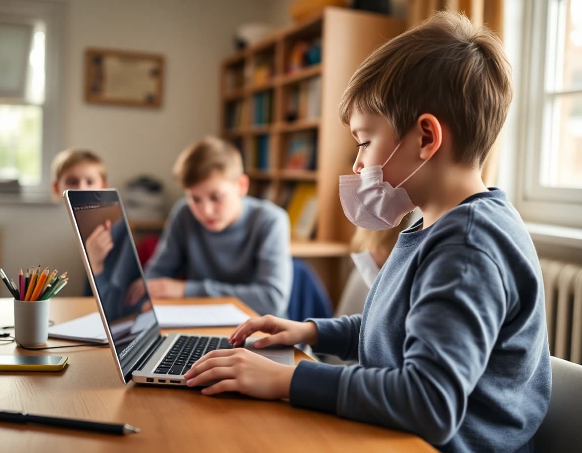 Child using text-to-speech software on a laptop at home for homework with parent support