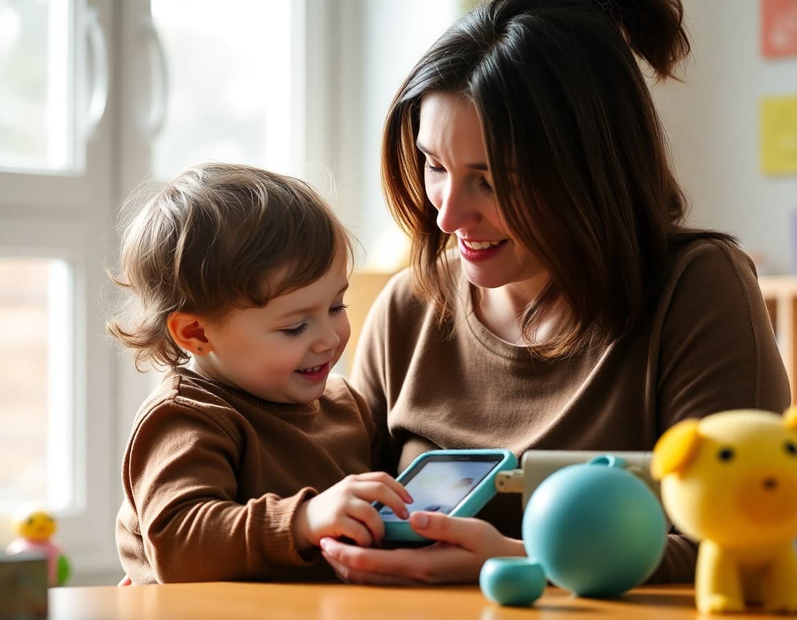 Parent and child using an AAC communication device together at home during play