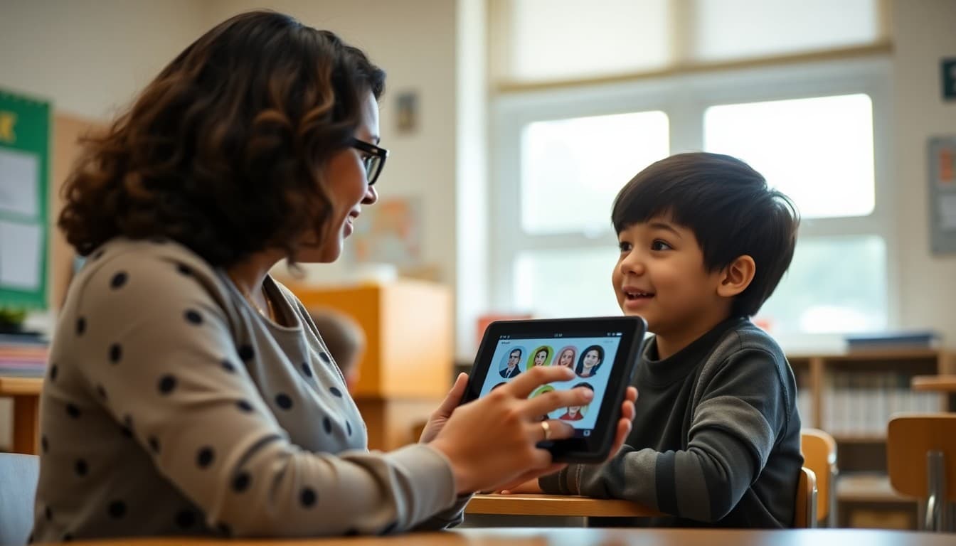 Student using an AAC tablet device to communicate with a teacher in an inclusive classroom