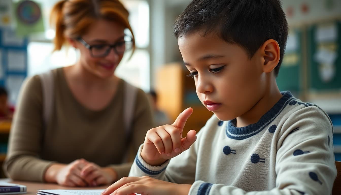Student reading braille with their fingers in an inclusive classroom setting with a teacher nearby