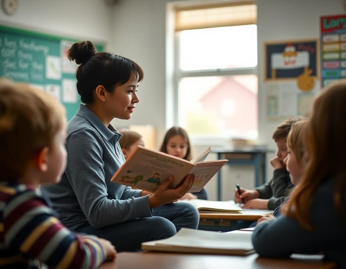 Teacher reading a book about disability inclusion to a class of engaged elementary students