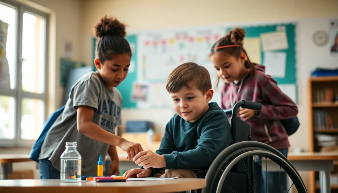 Diverse group of elementary students including a student in a wheelchair working together on a school project