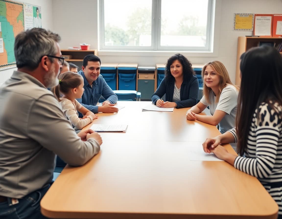 IEP team seated around a conference table including parents, special education teacher, and school staff