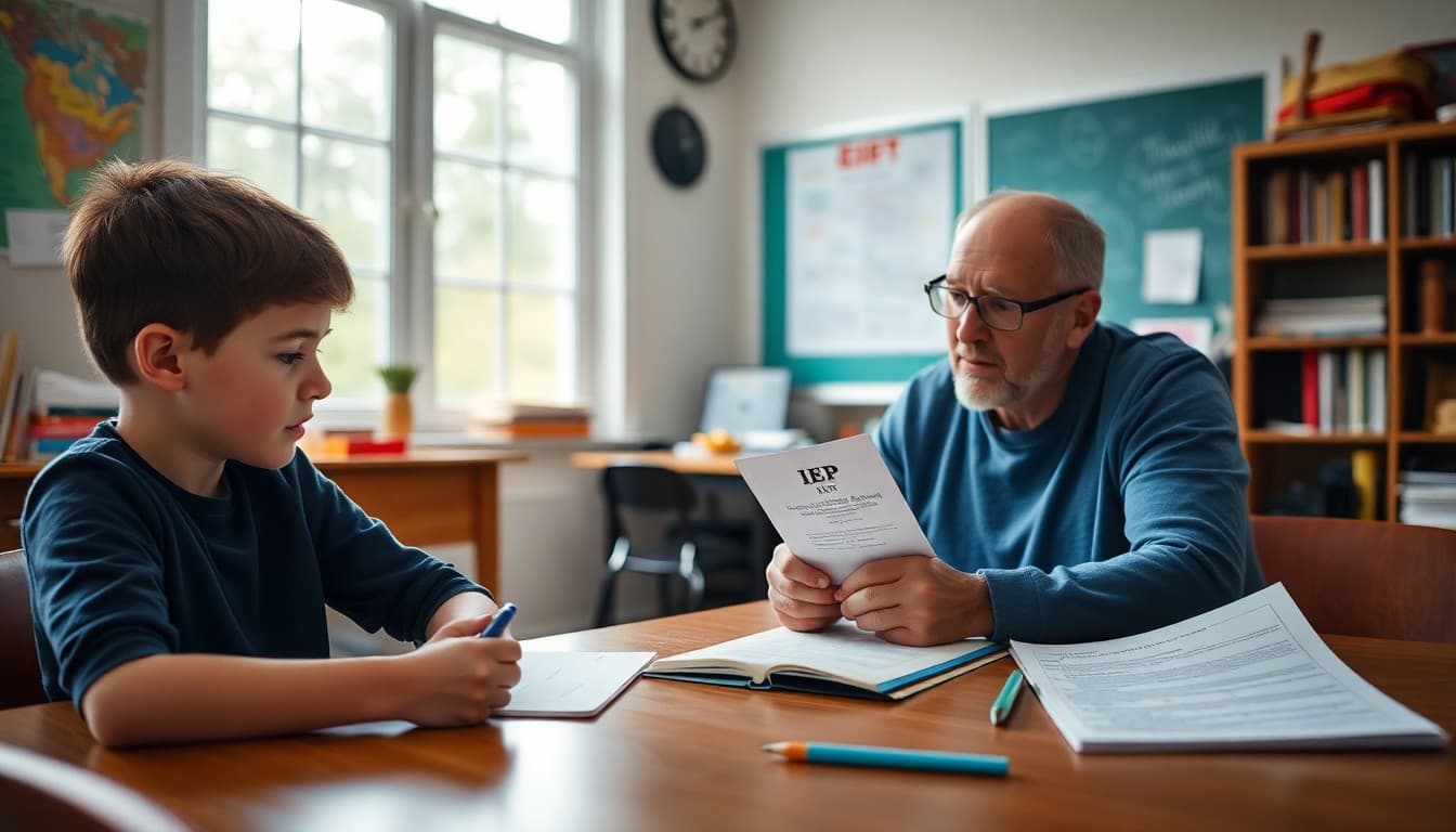 Parent preparing for an IEP meeting at home with notes and a copy of the previous IEP document