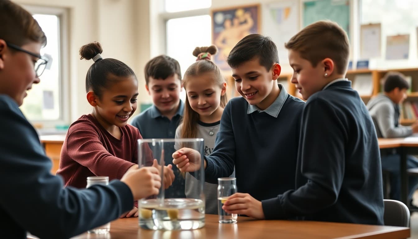 Diverse inclusive classroom with students of varying abilities working together on a collaborative science project