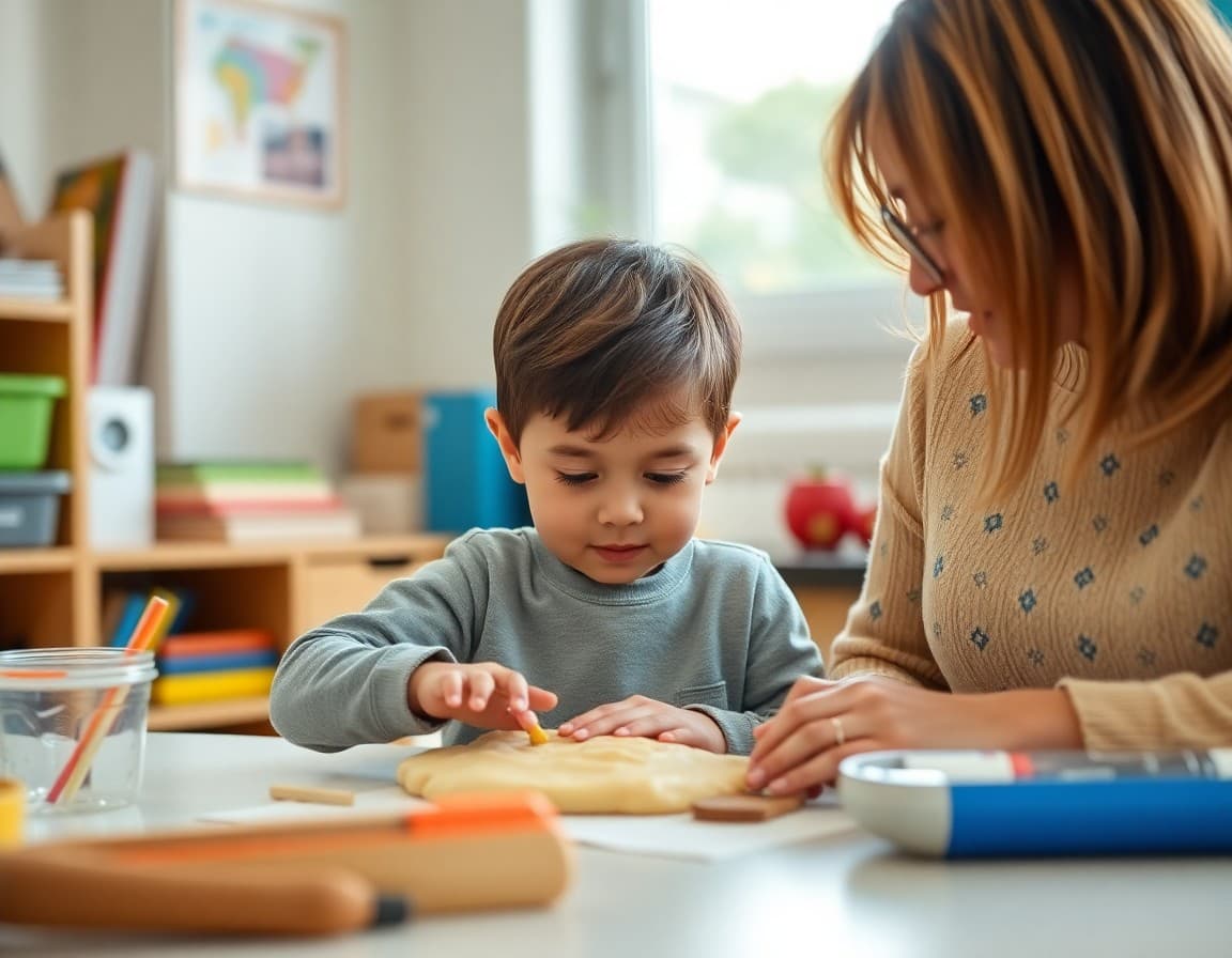 Child using play-dough to practice fine motor skills at home with parent nearby