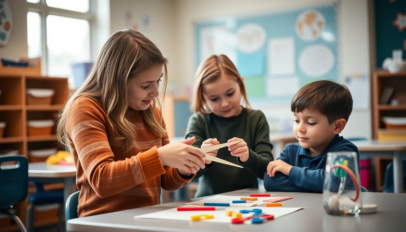Occupational therapist helping a student with scissors cutting activity in a school OT therapy room