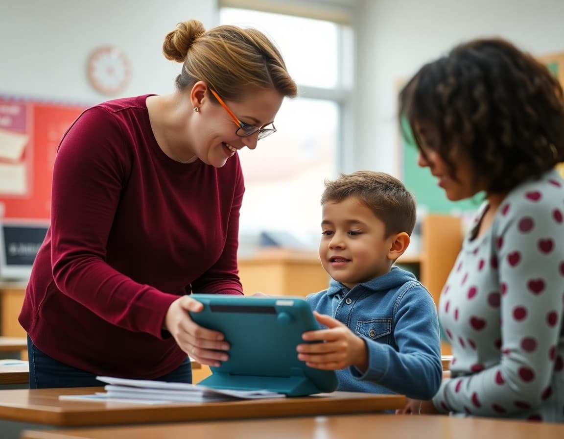 Teacher and paraprofessional co-supporting a student with a communication device in a classroom