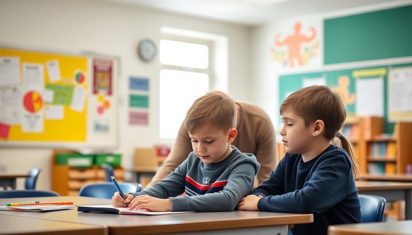 Paraprofessional working alongside a student in an inclusive classroom during a small group activity