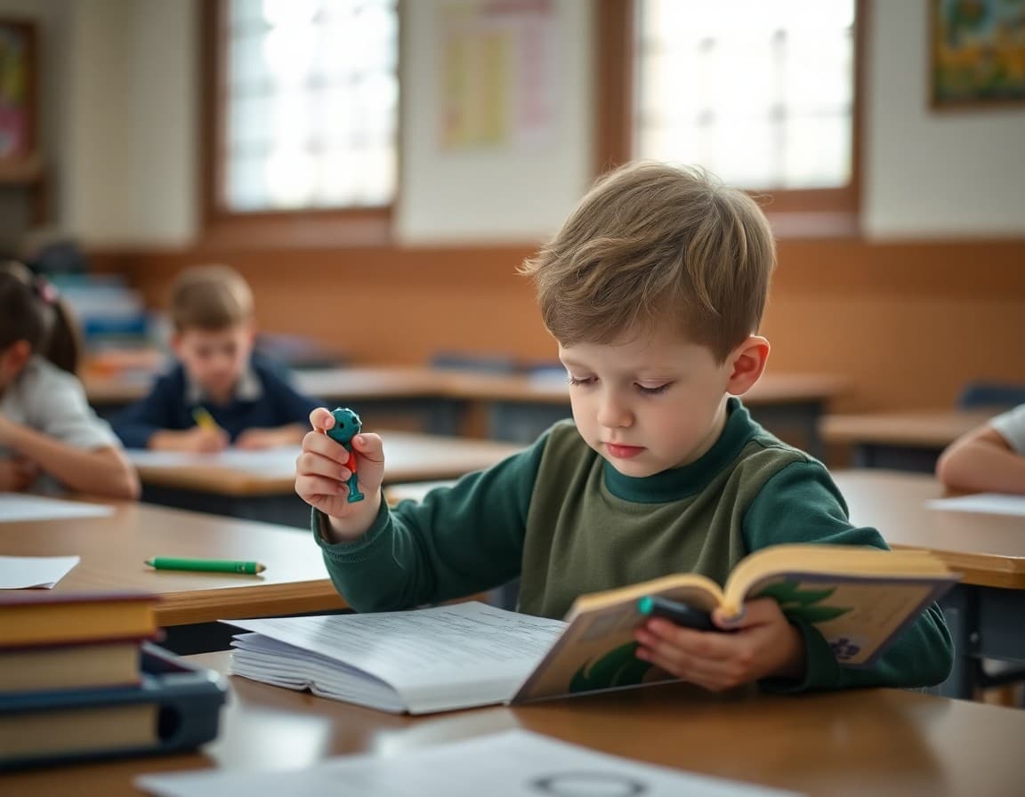 Child using a fidget tool at the homework table while reading with focused attention