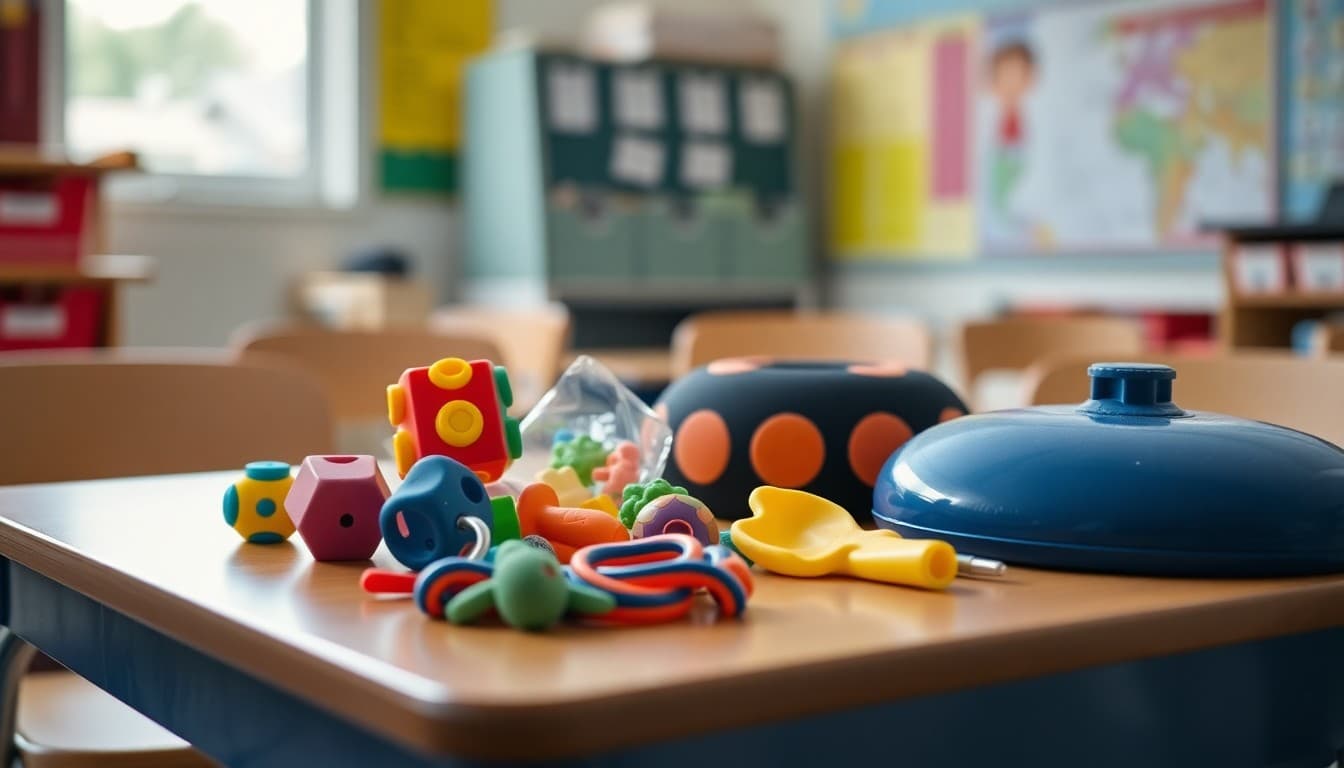 Collection of classroom sensory tools including fidget cubes, therapy putty, and a wobble cushion on a school desk