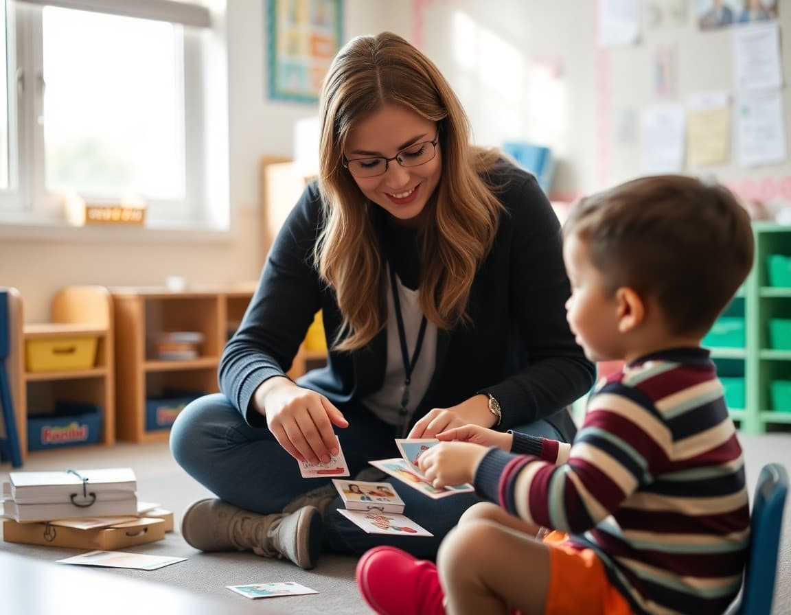 Speech therapist working with a student in a school therapy room with picture cards and communication materials